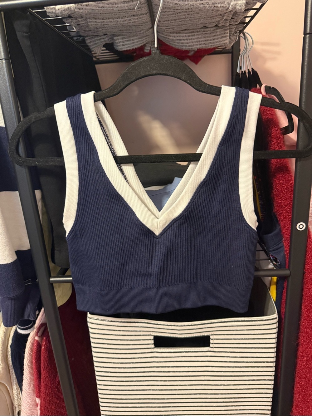 OFFLINE by Aerie Plunge Ribbed Navy and White Sport Bra